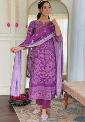 Purple Printed Silk Kurta Set