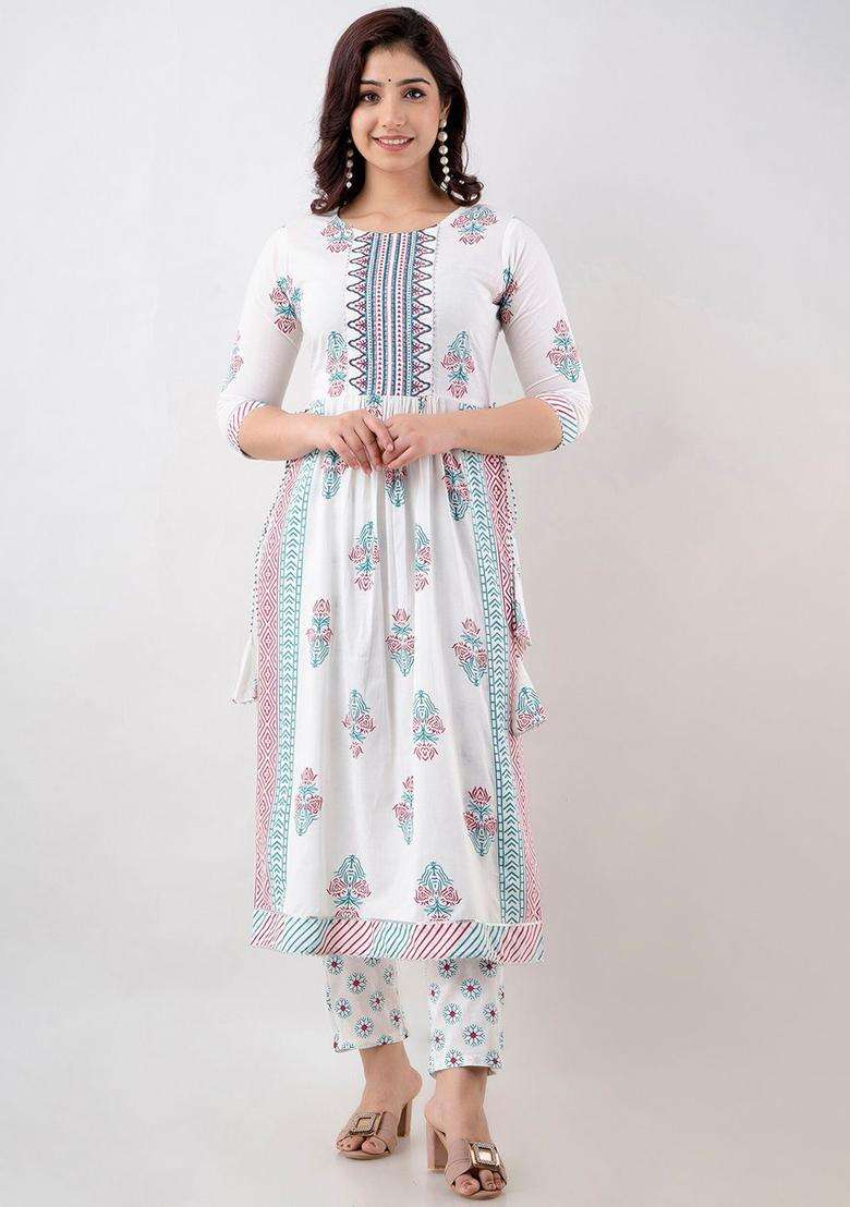 White Printed Viscose Kurta Set - Indya