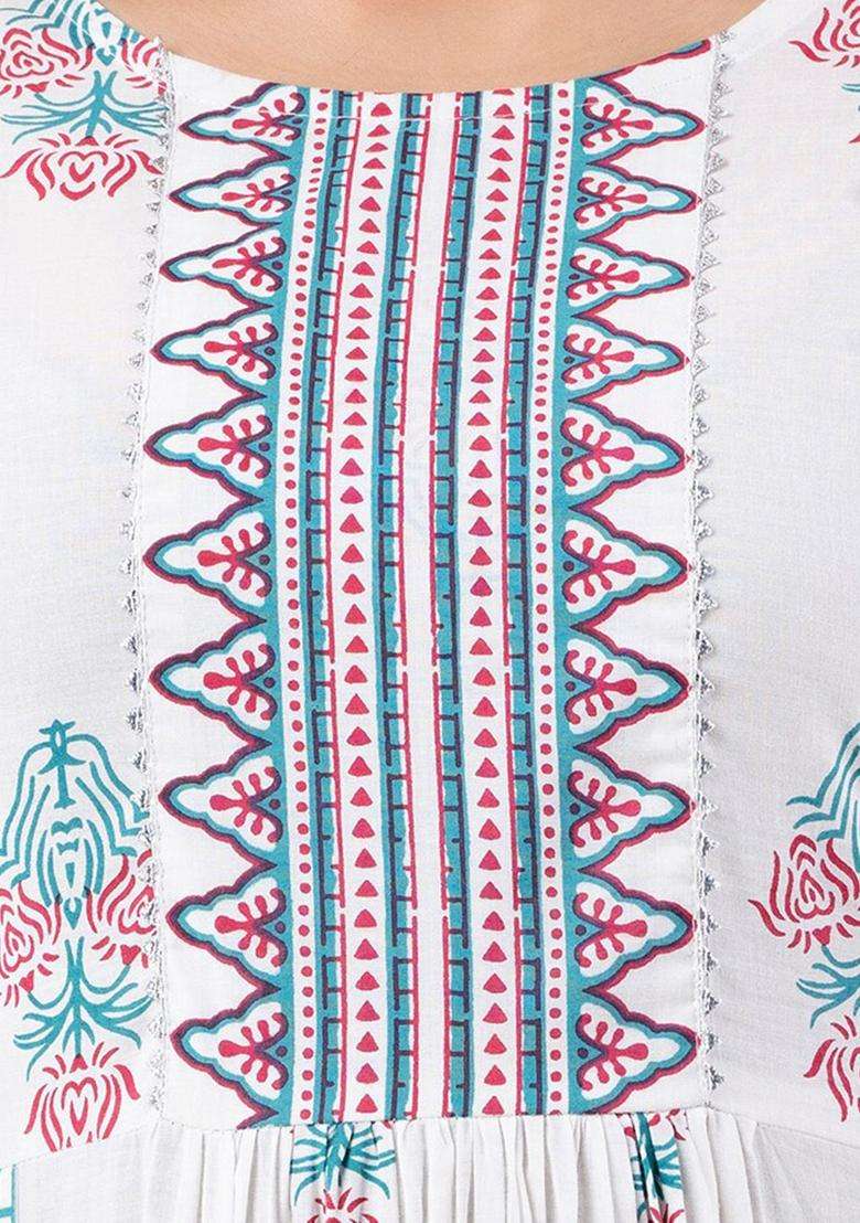 White Printed Viscose Kurta Set - Indya