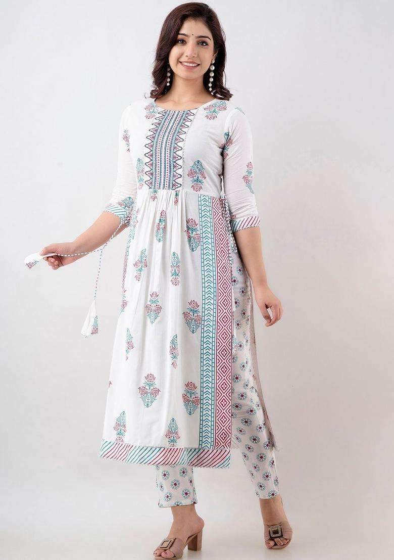 White Printed Viscose Kurta Set - Indya