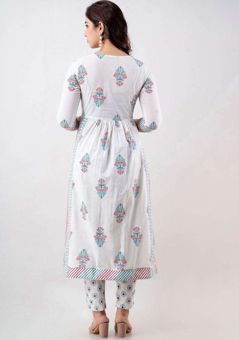 White Printed Viscose Kurta Set - Indya