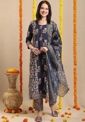 Navy Blue Printed Viscose Kurta Set