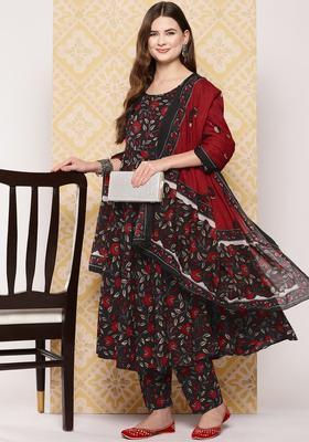 Black Printed Cotton Kurta Set