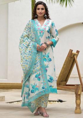Turquoise Blue Embroidered Cotton Kurta Set