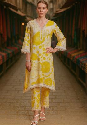 Yellow Printed Cotton Kurta Set