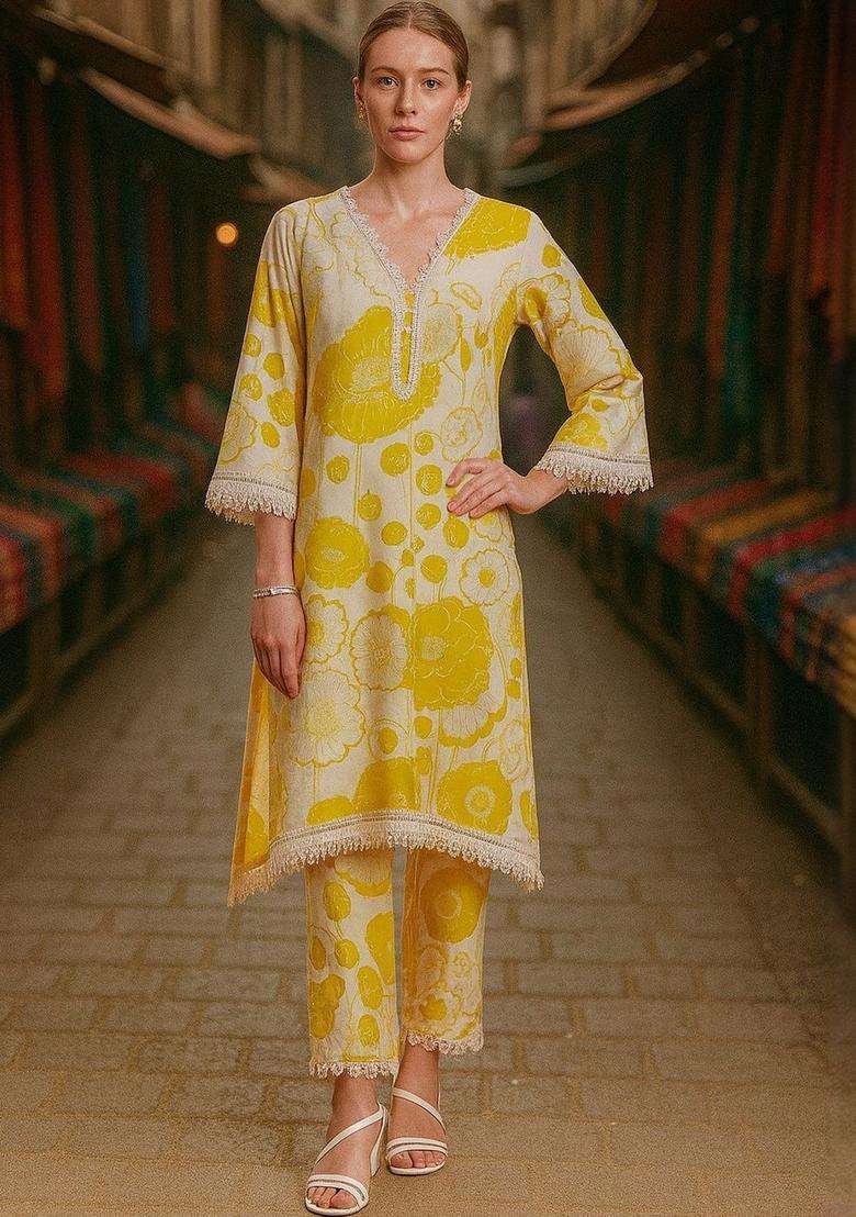 Yellow Printed Cotton Kurta Set - Indya