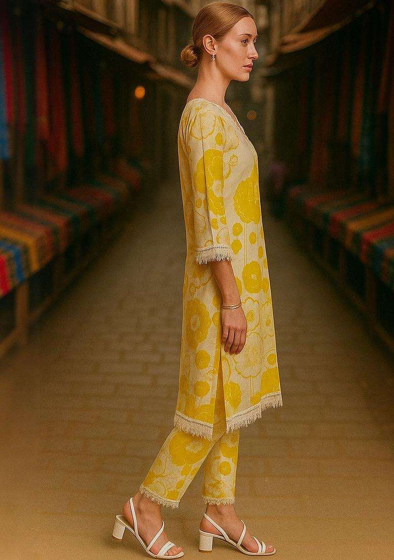 Yellow Printed Cotton Kurta Set - Indya