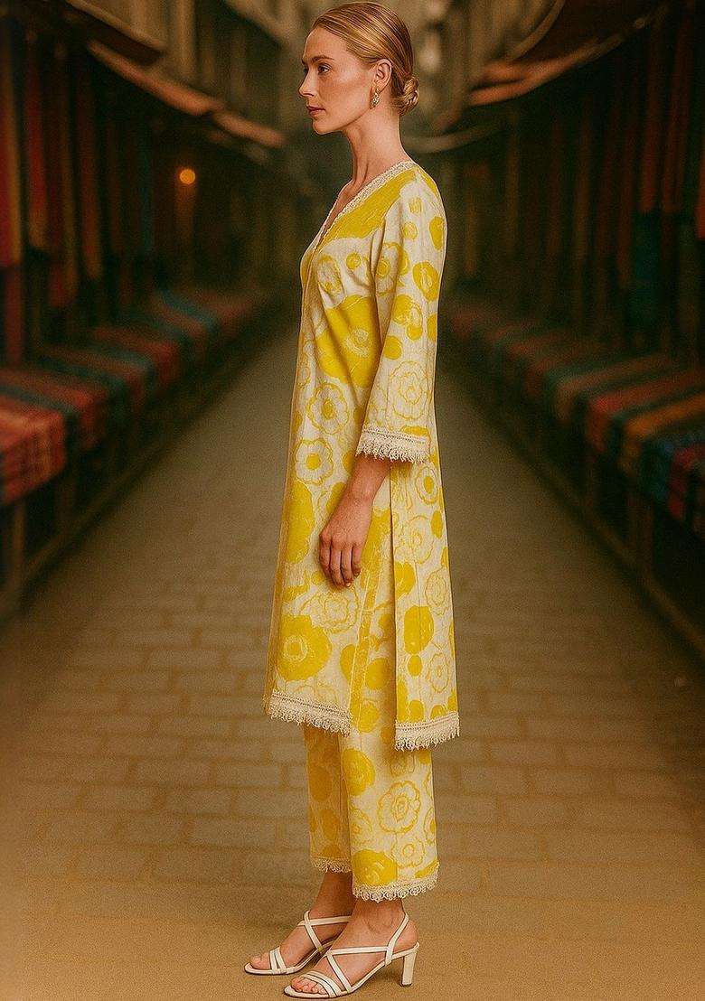 Yellow Printed Cotton Kurta Set - Indya
