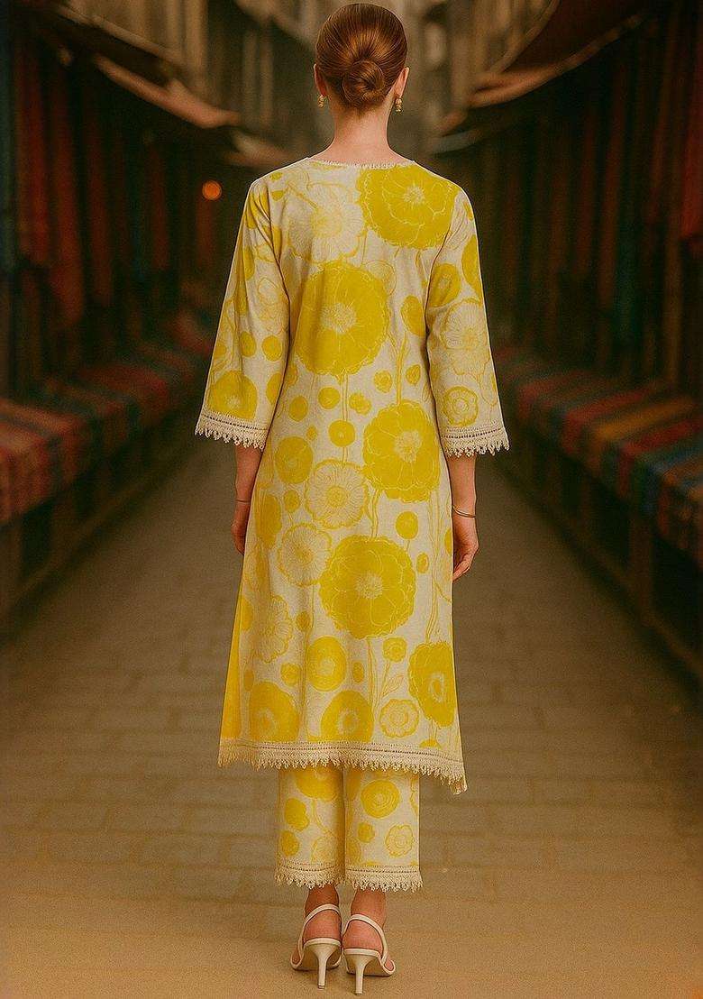 Yellow Printed Cotton Kurta Set - Indya