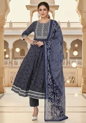Navy Blue Printed Cotton Anarkali Set