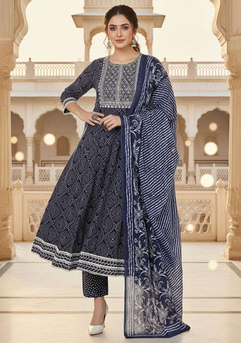 Navy Blue Printed Cotton Anarkali Set - Indya