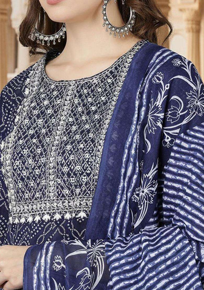 Navy Blue Printed Cotton Anarkali Set - Indya