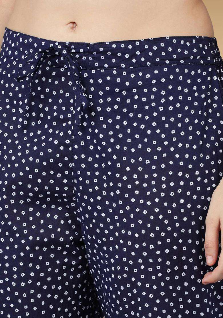 Navy Blue Printed Cotton Anarkali Set - Indya