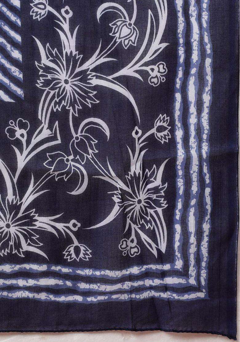 Navy Blue Printed Cotton Anarkali Set - Indya