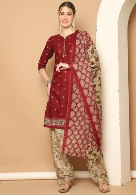 Maroon Printed Cotton Kurta Set