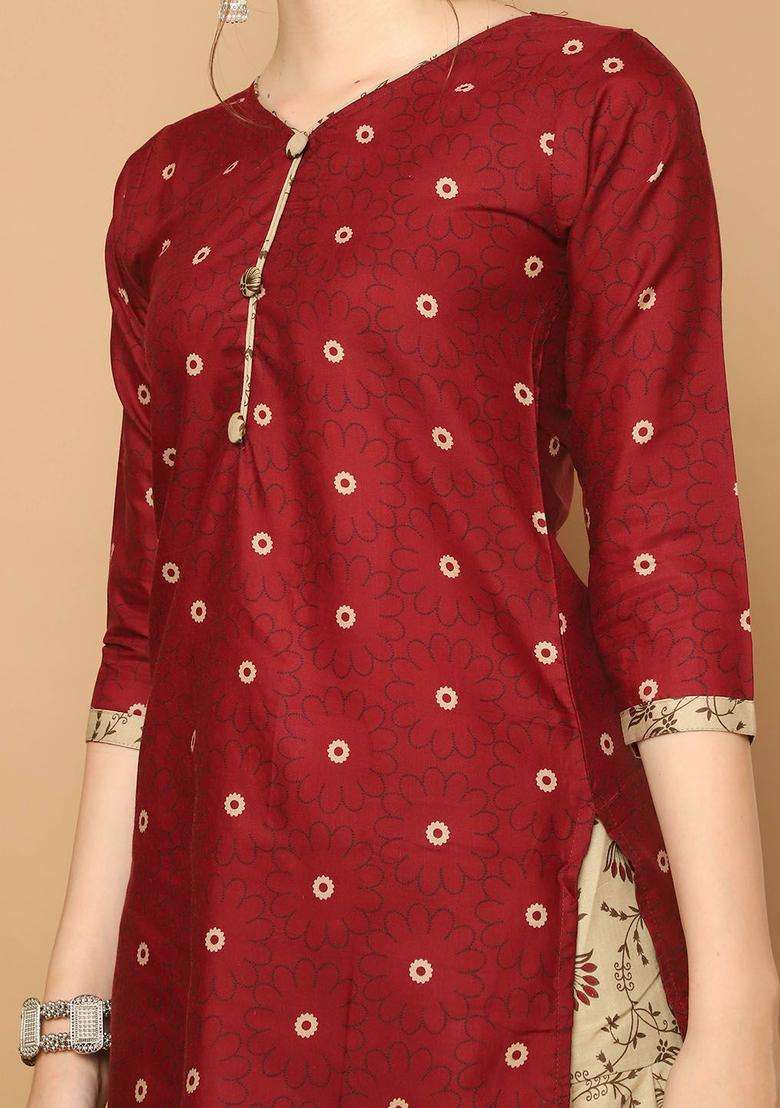 Maroon Printed Cotton Kurta Set - Indya