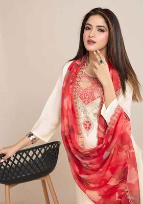 Cream Embroidered Silk Blend Kurta Set