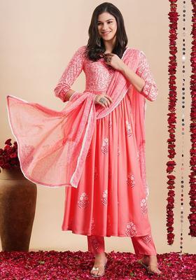 Peach Printed Viscose Anarkali Set