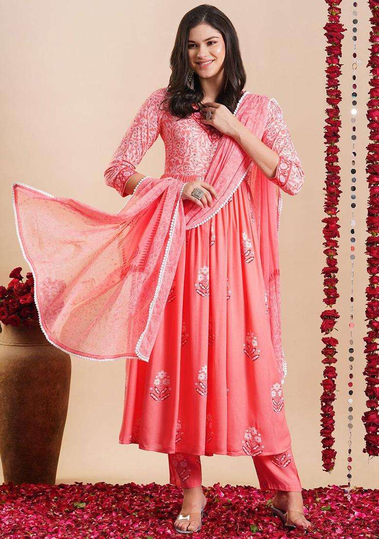 Peach Printed Viscose Anarkali Set - Indya