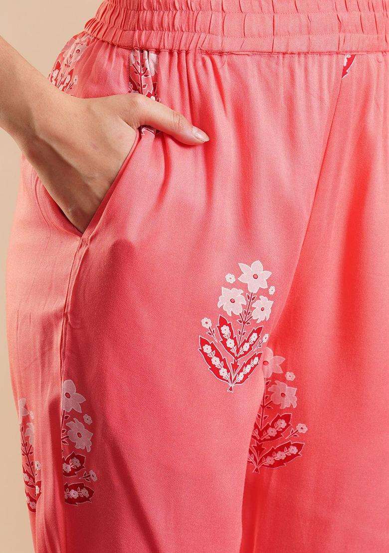 Peach Printed Viscose Anarkali Set - Indya
