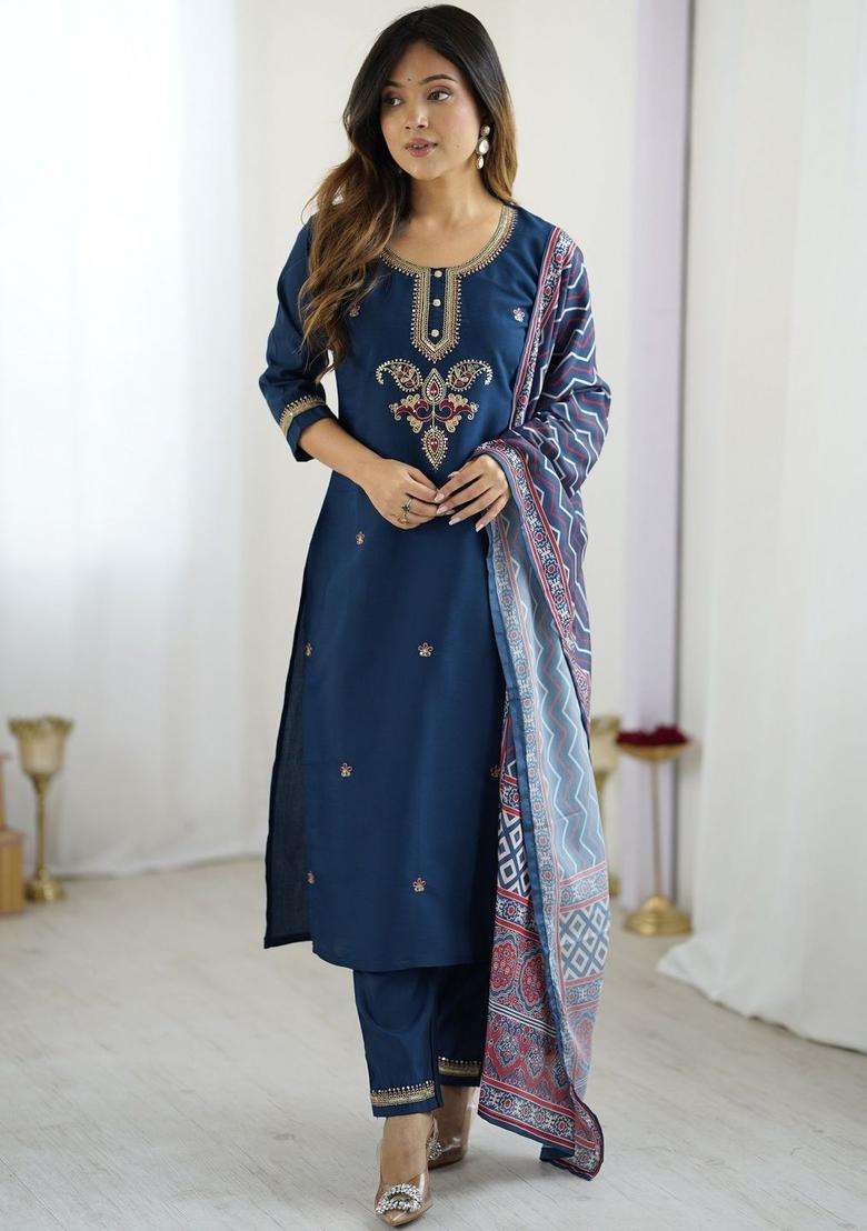 Navy Blue Embroidered Silk Blend Kurta Set - Indya