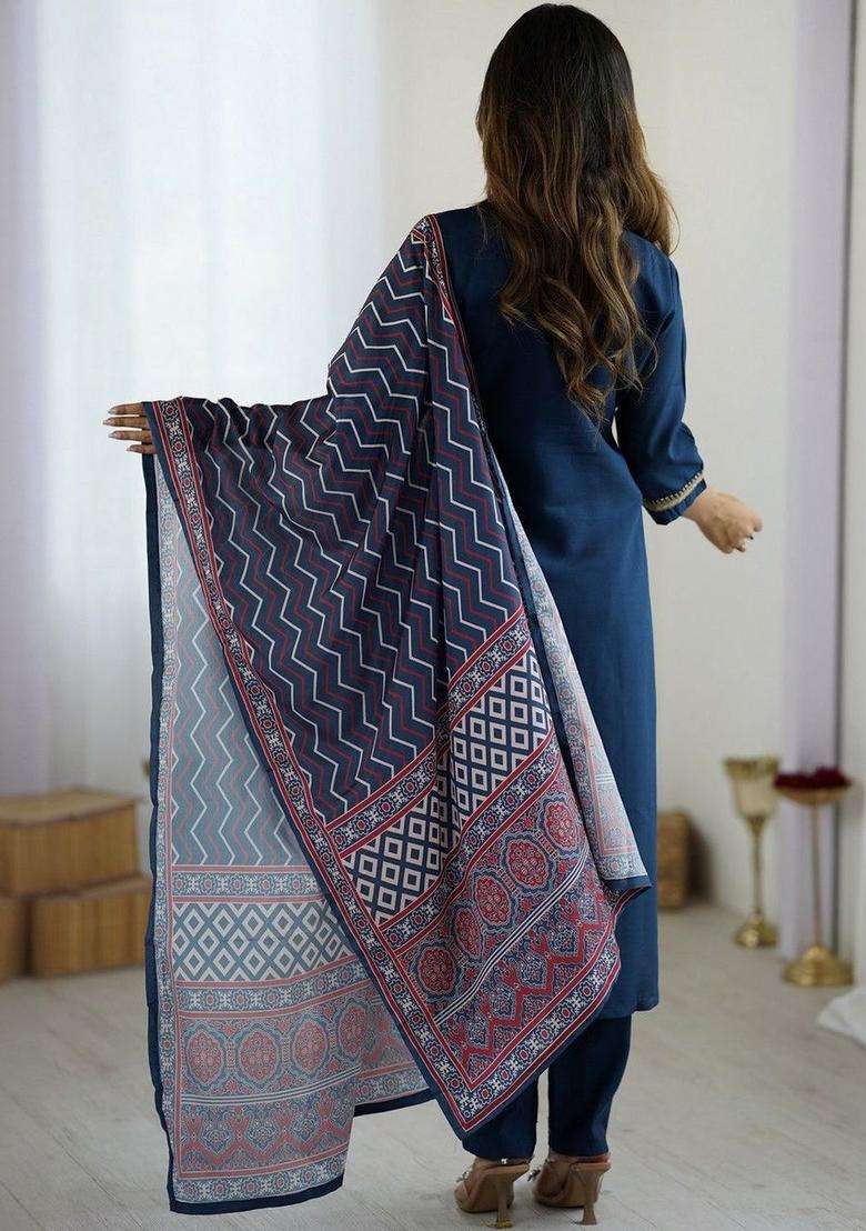 Navy Blue Embroidered Silk Blend Kurta Set - Indya