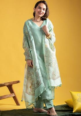 Sea Green Embroidered Silk Kurta Set