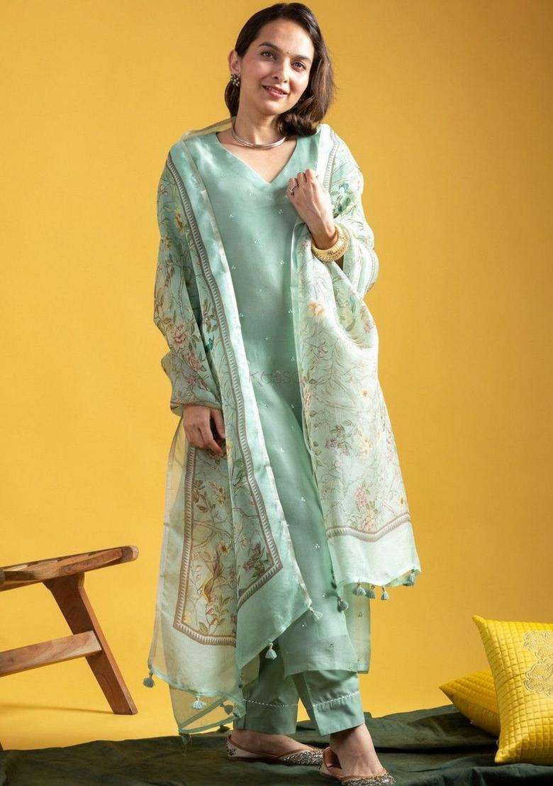 Sea Green Embroidered Silk Blend Kurta Set - Indya