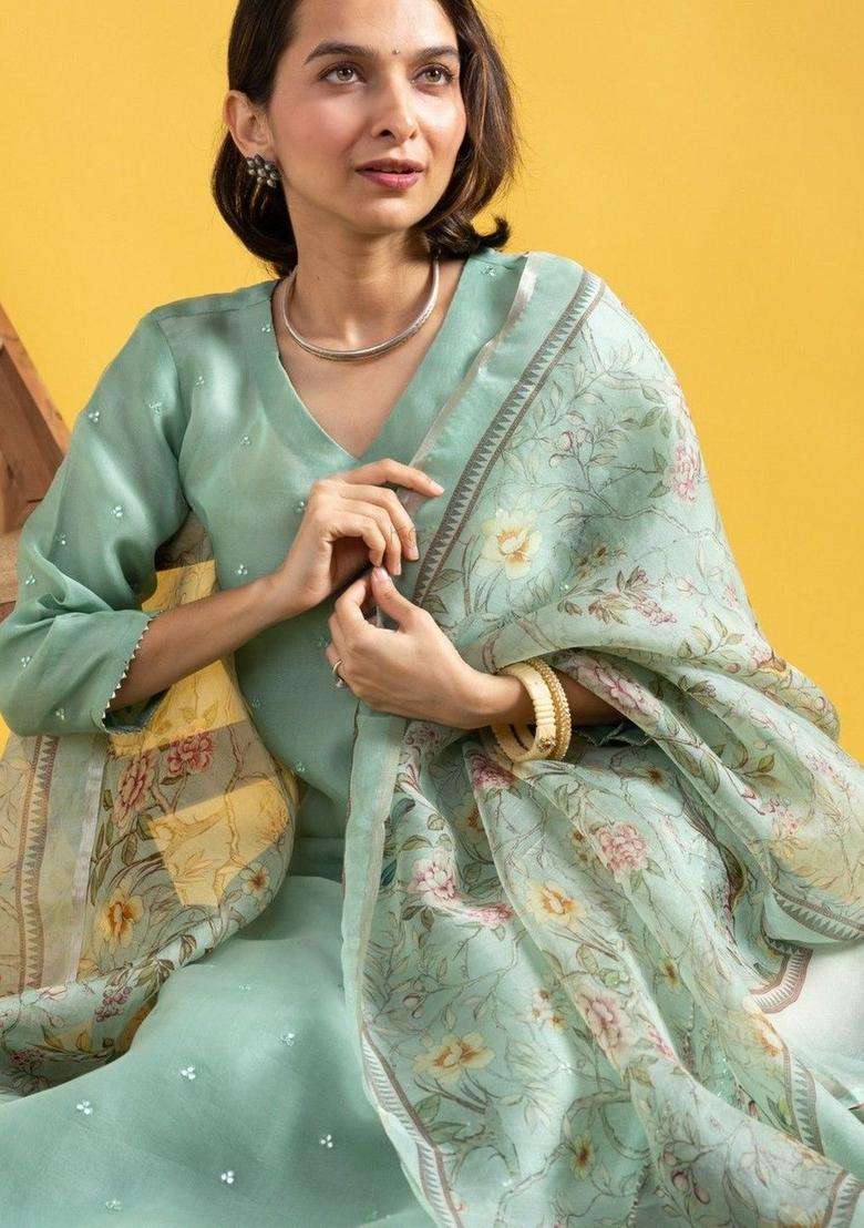 Sea Green Embroidered Silk Blend Kurta Set - Indya