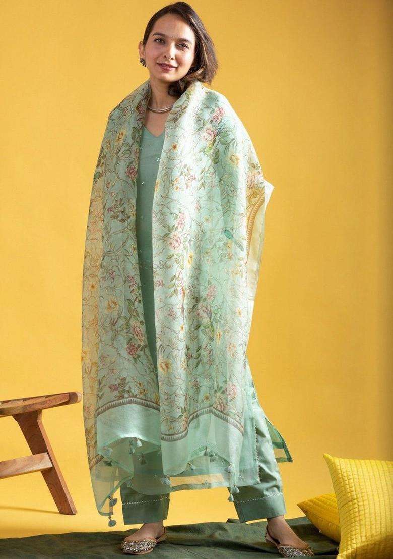 Sea Green Embroidered Silk Blend Kurta Set - Indya