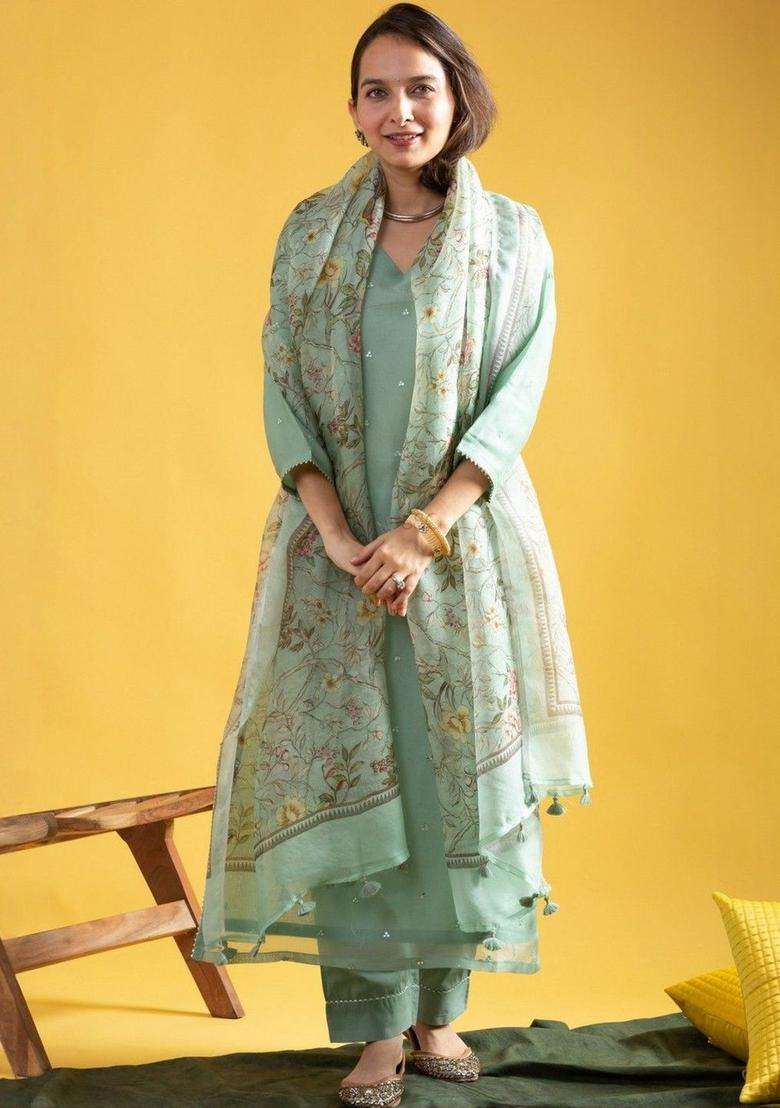 Sea Green Embroidered Silk Blend Kurta Set - Indya