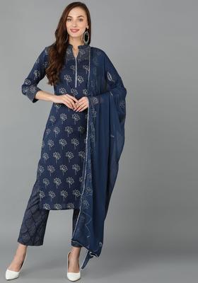Navy Blue Printed Cotton Kurta Set