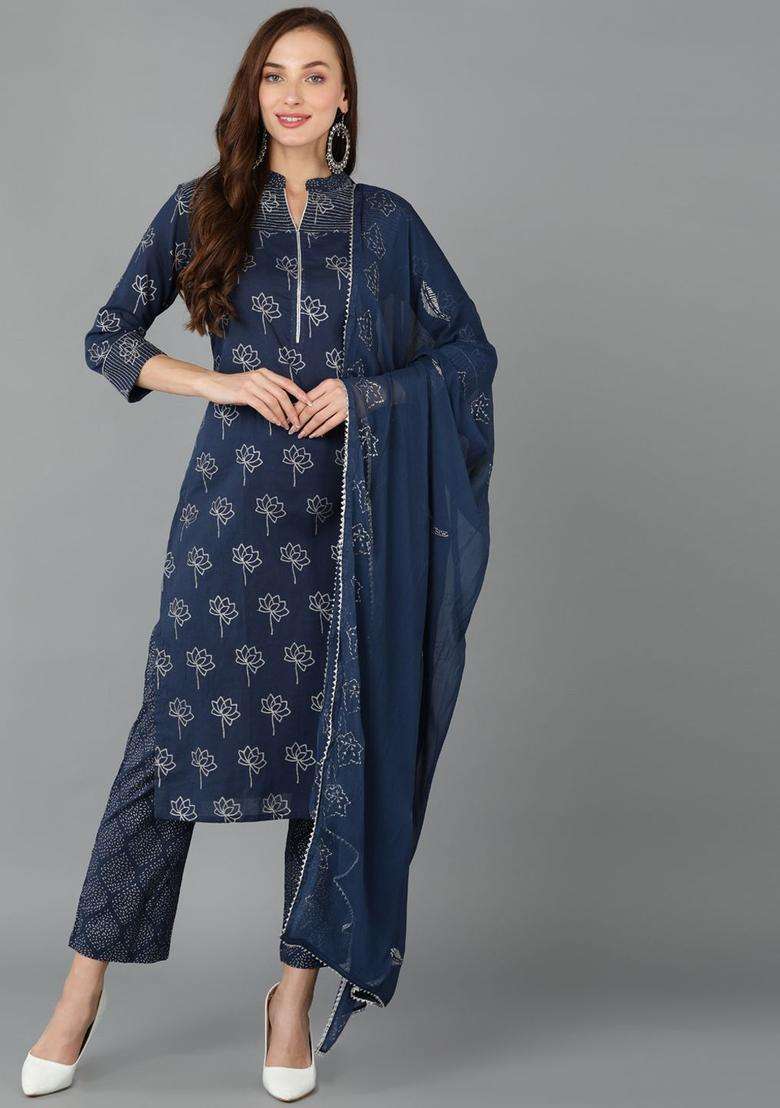 Navy Blue Printed Cotton Kurta Set - Indya