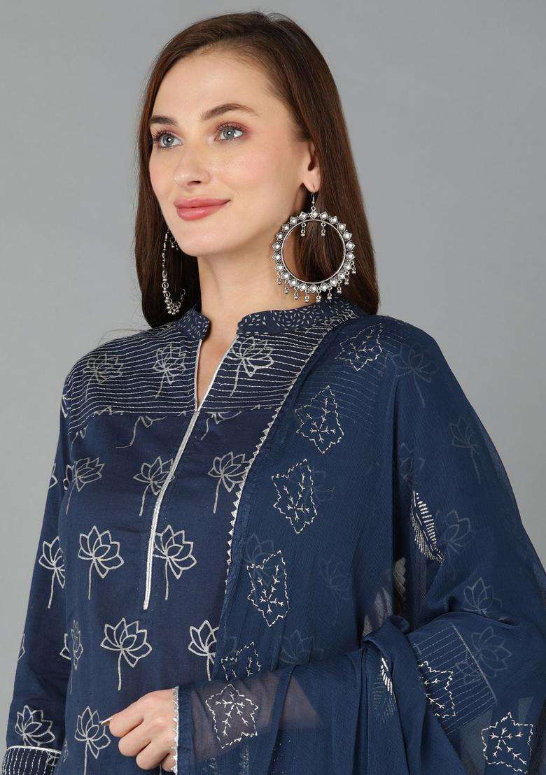 Navy Blue Printed Cotton Kurta Set - Indya