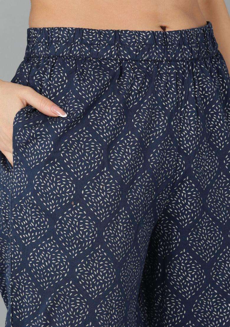 Navy Blue Printed Cotton Kurta Set - Indya