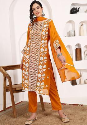 Mustard Embroidered Georgette Kurta Set