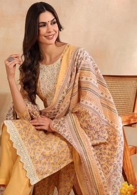 Yellow Printed Cotton Kurta Set