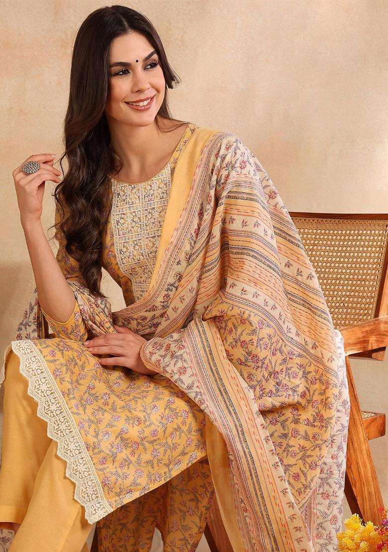 Yellow Printed Cotton Kurta Set - Indya