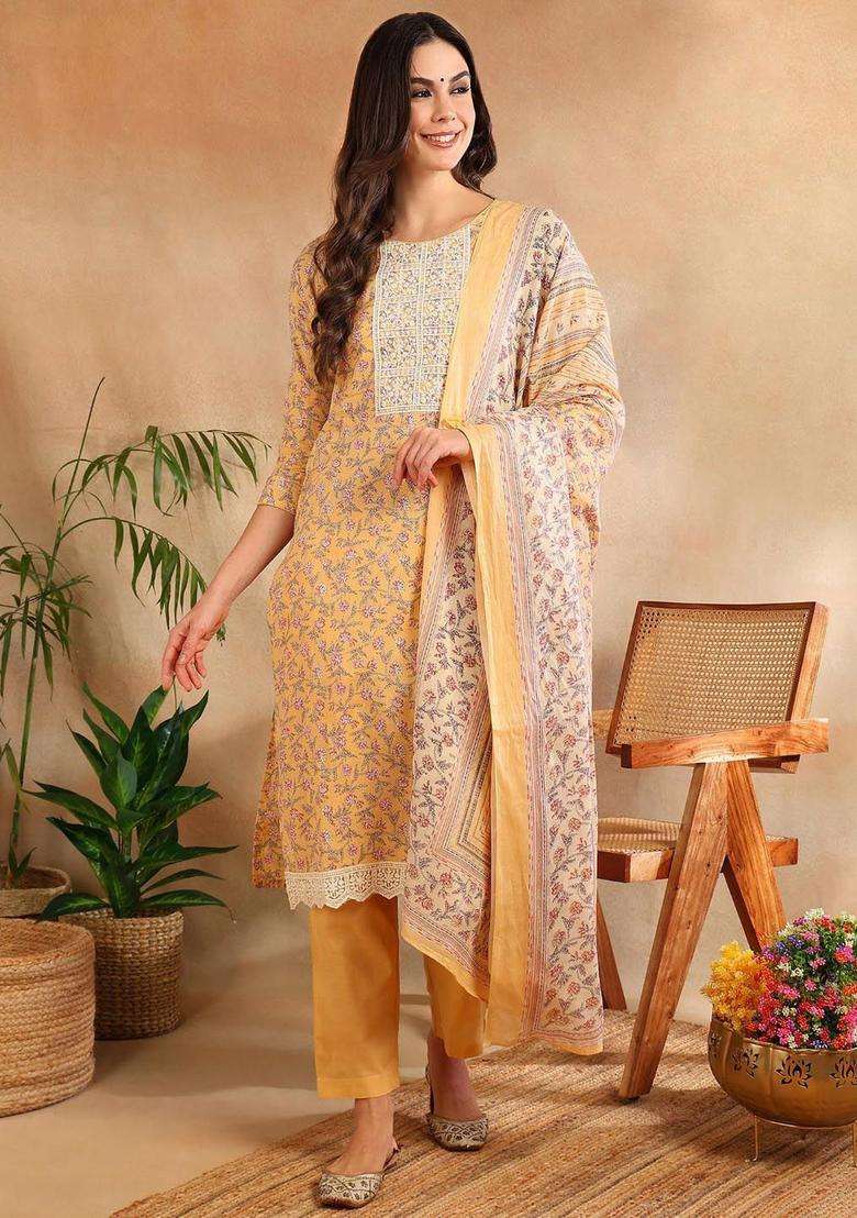 Yellow Printed Cotton Kurta Set - Indya