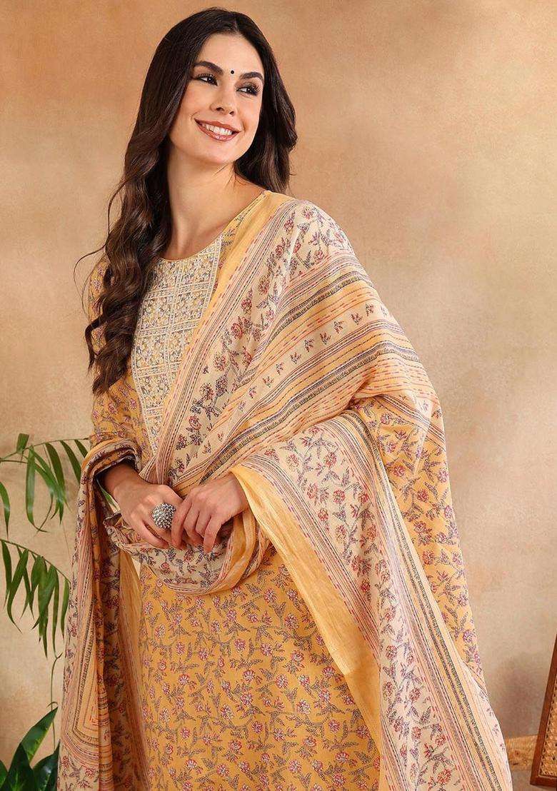 Yellow Printed Cotton Kurta Set - Indya