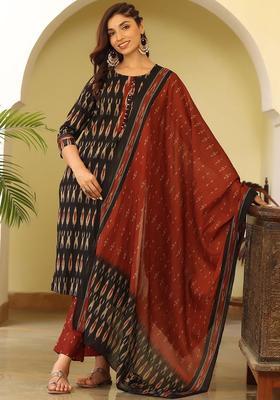Black Printed Cotton Kurta Set