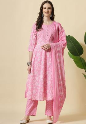Pink Printed Cotton Kurta Set