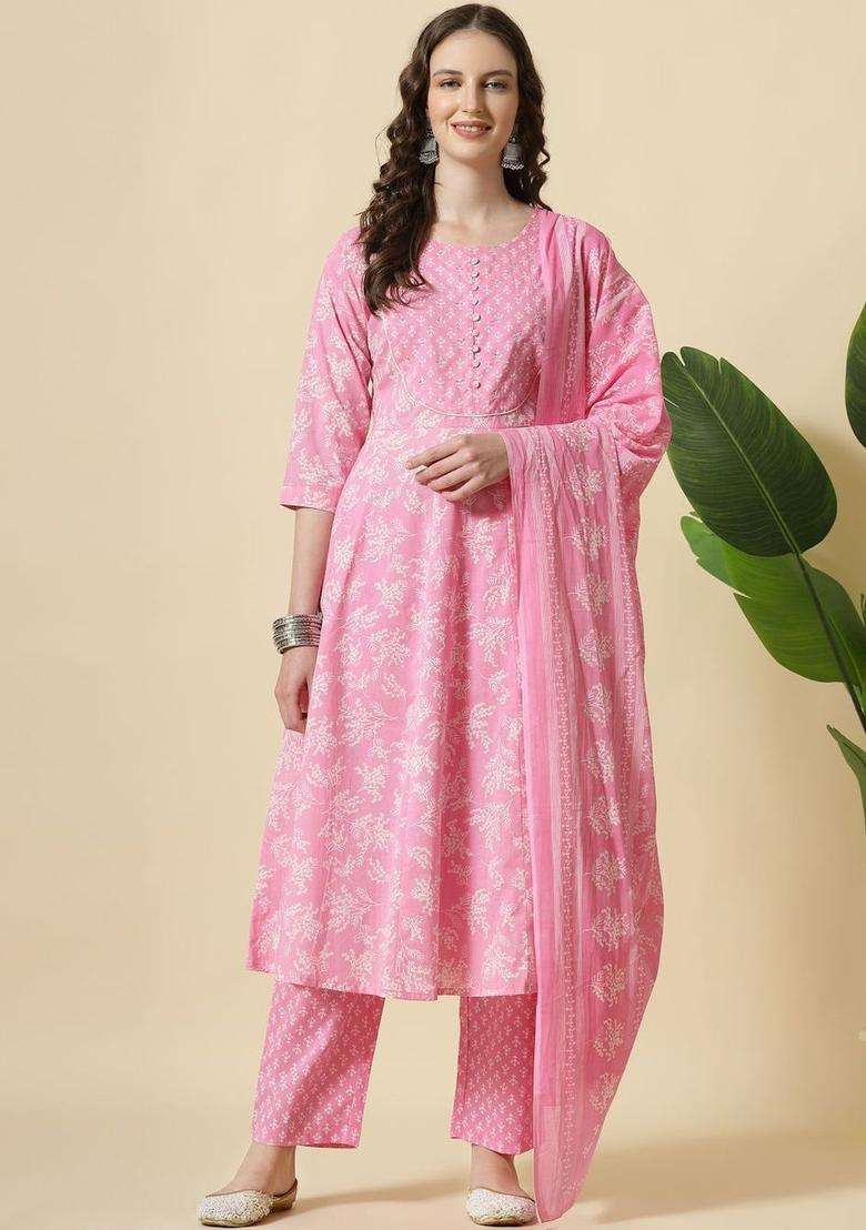 Pink Printed Cotton Kurta Set - Indya