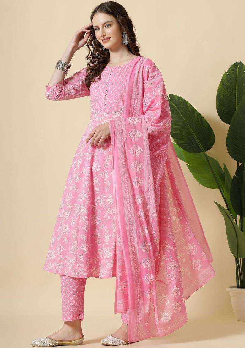 Pink Printed Cotton Kurta Set - Indya