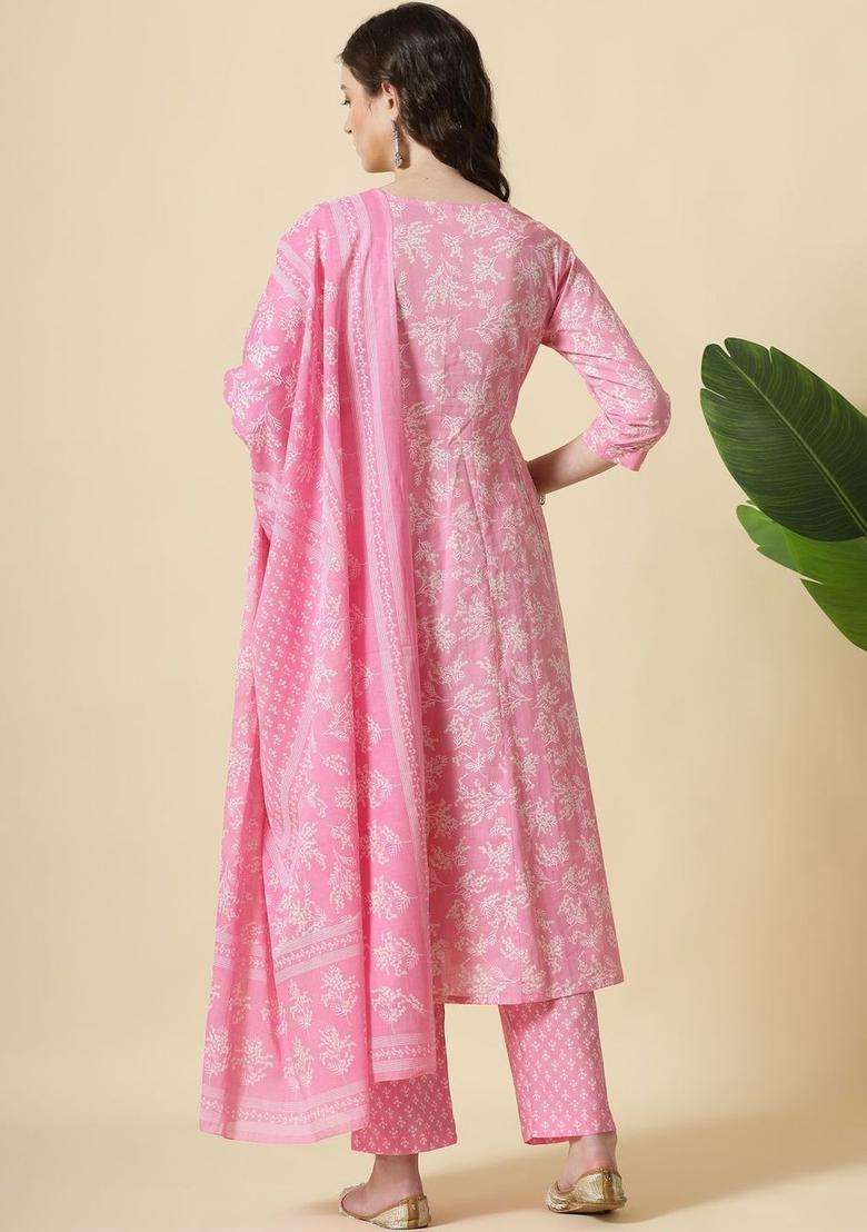 Pink Printed Cotton Kurta Set - Indya