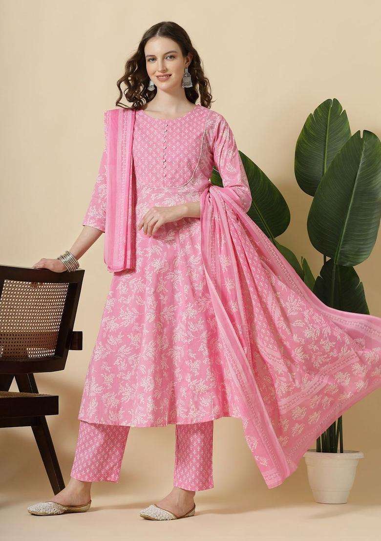 Pink Printed Cotton Kurta Set - Indya