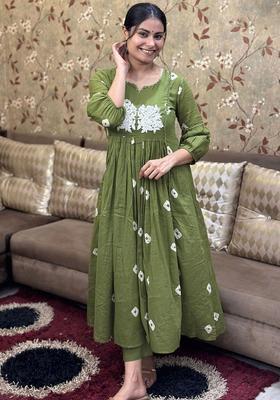 Green Printed Viscose Anarkali Set