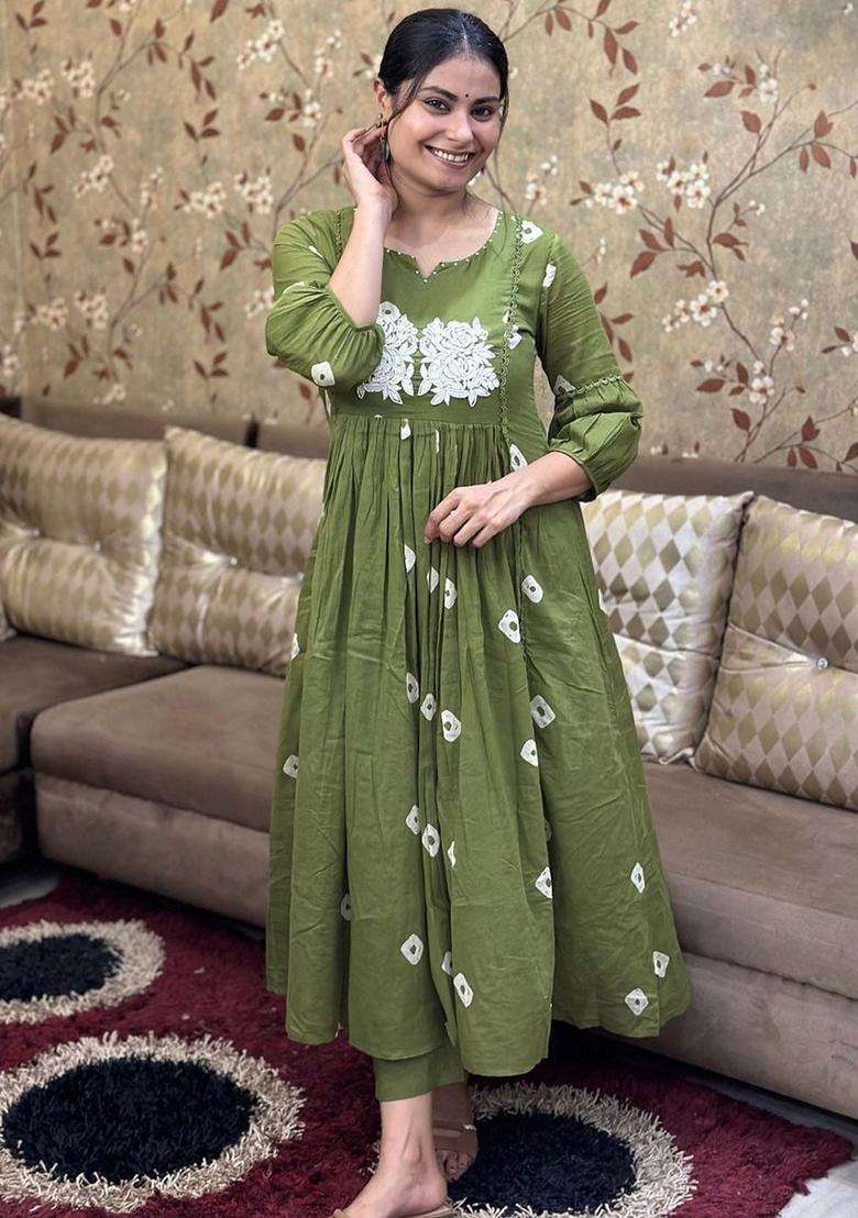 Green Printed Viscose Anarkali Set - Indya