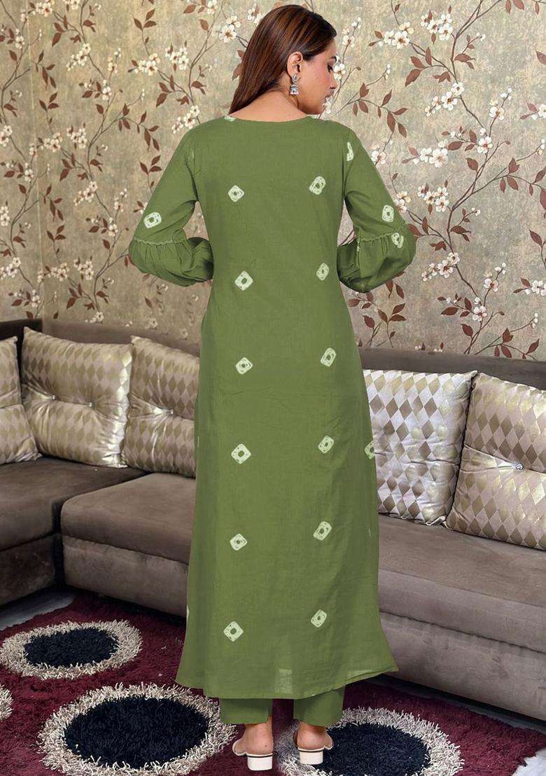 Green Printed Viscose Anarkali Set - Indya
