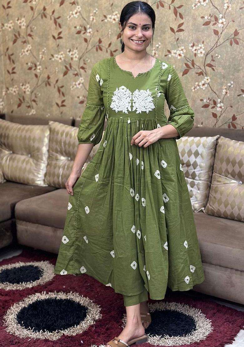 Green Printed Viscose Anarkali Set - Indya
